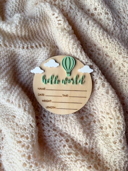 Hello World | Hot Air Balloon Birth Announcement Plaque