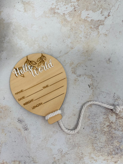 Hello World | Balloon Birth Announcement Plaque