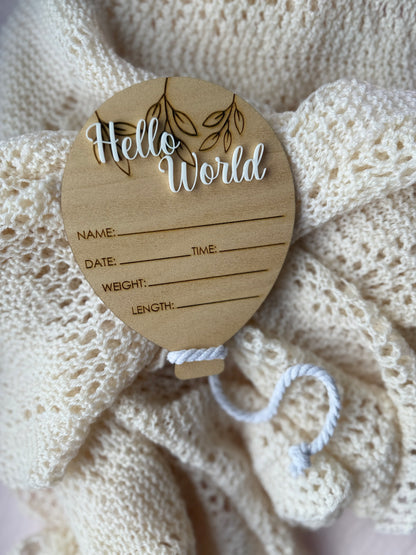 Hello World | Balloon Birth Announcement Plaque