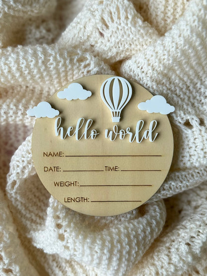 Hello World | Hot Air Balloon Birth Announcement Plaque